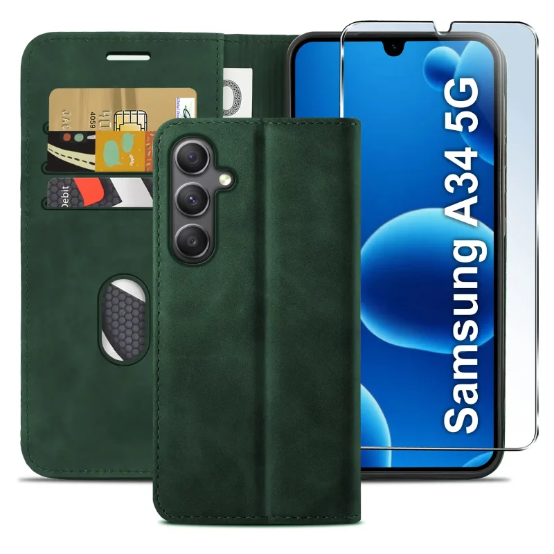Zielone etui Velvet do Samsung Galaxy A34 5G ze szkłem hartowanym 9H widok przodu i tyłu