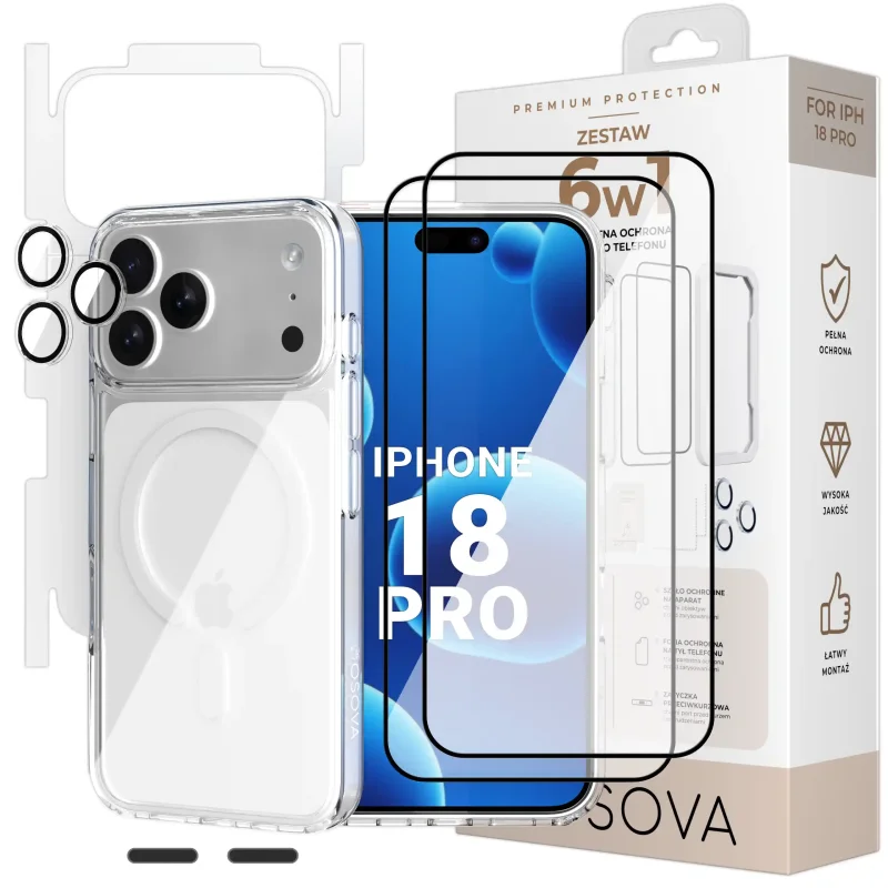 Zestaw ochronny 6w1 OSOVA do iPhone 18 Pro z etui do MagSafe, 2 szkłami hartowanymi 5D i ochroną aparatu