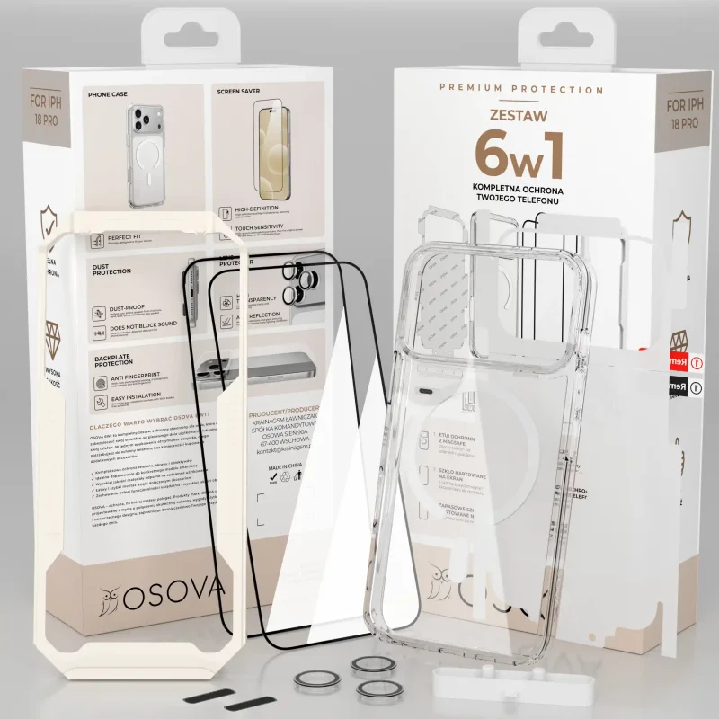 Zestaw 6w1 OSOVA do iPhone 18 Pro z etui do MagSafe, szkłami hartowanymi i folią ochronną na tył