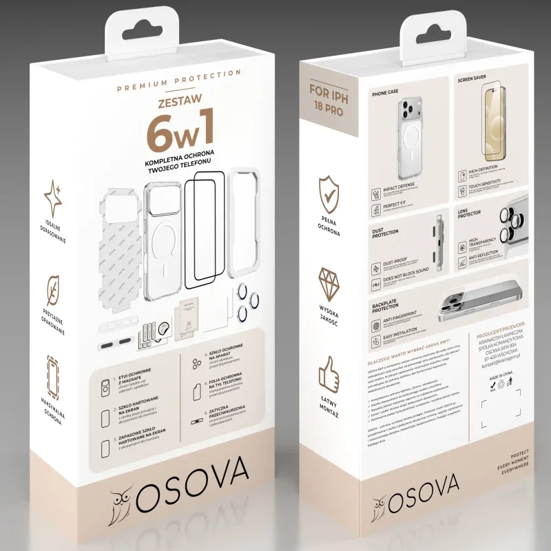 Opakowanie OSOVA 6w1 do iPhone 18 Pro z etui do MagSafe, szkłami na ekran i ochroną tylnej części telefonu