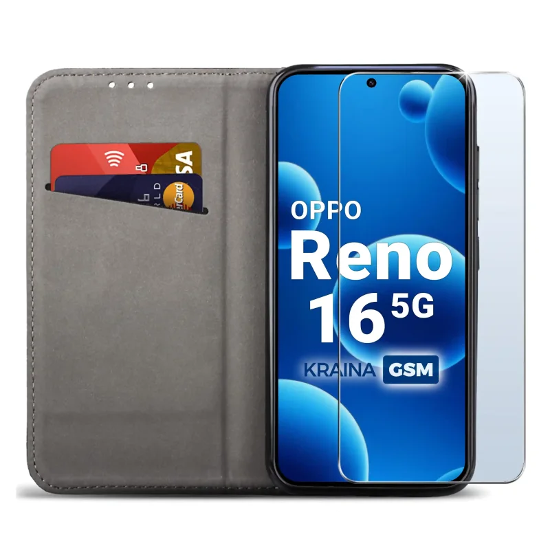 Czarne etui portfelowe do Oppo Reno 16 5G z miejscem na karty, ukrytym magnesem i funkcją stojaka do codziennego użytkowania