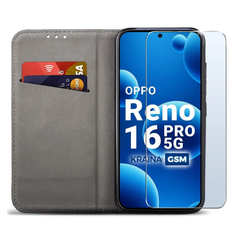 Czarne etui portfelowe do Oppo Reno 16 Pro 5G z miejscem na karty, ukrytym magnesem i funkcją stojaka do codziennego użytkowania
