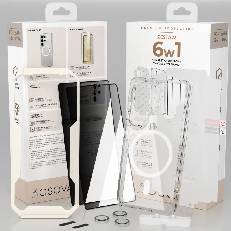 Zestaw ochronny 6w1 OSOVA do Samsung Galaxy S24 Ultra z etui do MagSafe, 2 szkłami prywatyzującymi, folią i ochroną aparatu