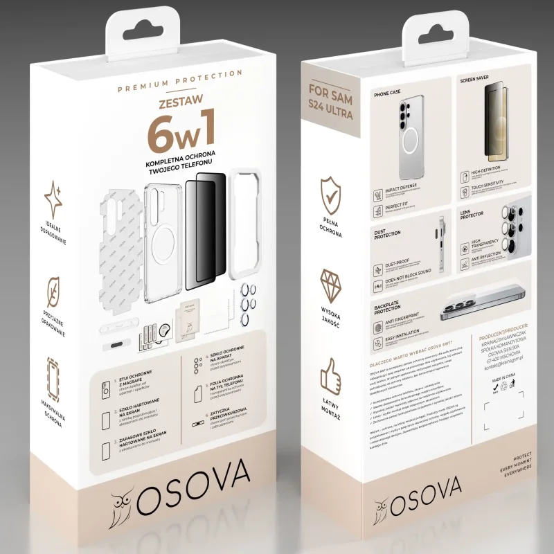 Opakowanie zestawu OSOVA 6w1 do Samsung Galaxy S24 Ultra z etui do MagSafe, szkłami prywatyzującymi i akcesoriami ochronnymi
