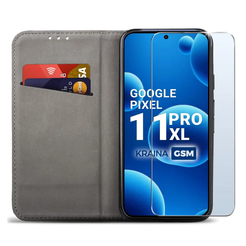 Czarne etui portfelowe do Google Pixel 11 Pro XL z miejscem na karty, ukrytym magnesem i funkcją stojaka do codziennego użytkowania