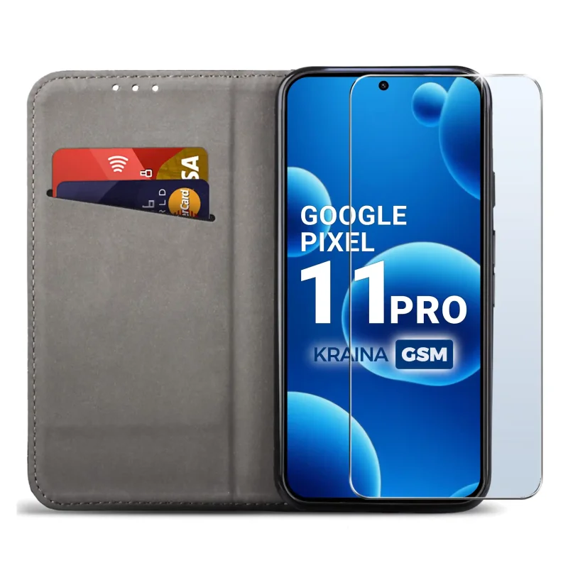 Czarne etui portfelowe do Google Pixel 11 Pro z miejscem na karty, ukrytym magnesem i funkcją stojaka do codziennego użytkowania