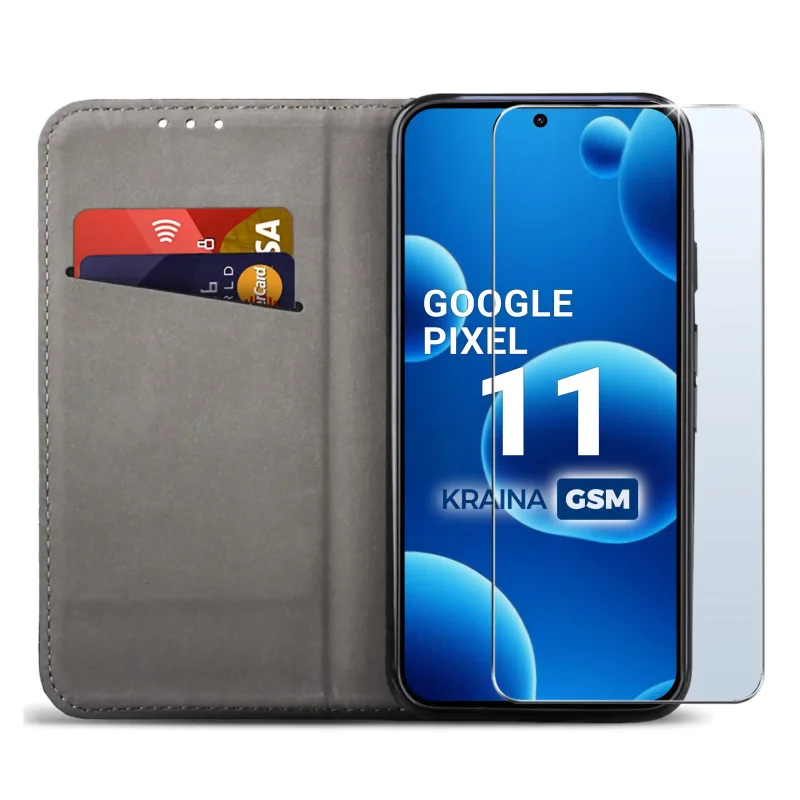 Czarne etui portfelowe do Google Pixel 11 z miejscem na karty, ukrytym magnesem i funkcją stojaka do codziennego użytkowania
