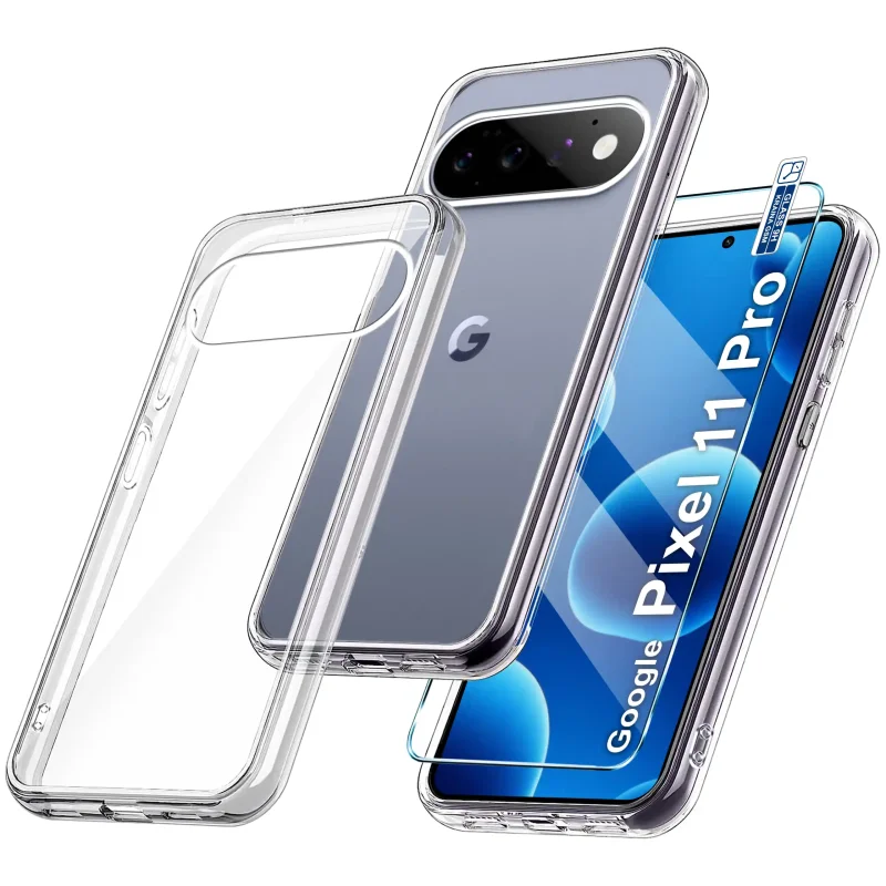 Bezbarwne etui 2 mm do Google Pixel 11 Pro ze szkłem hartowanym 9H widok zestawu