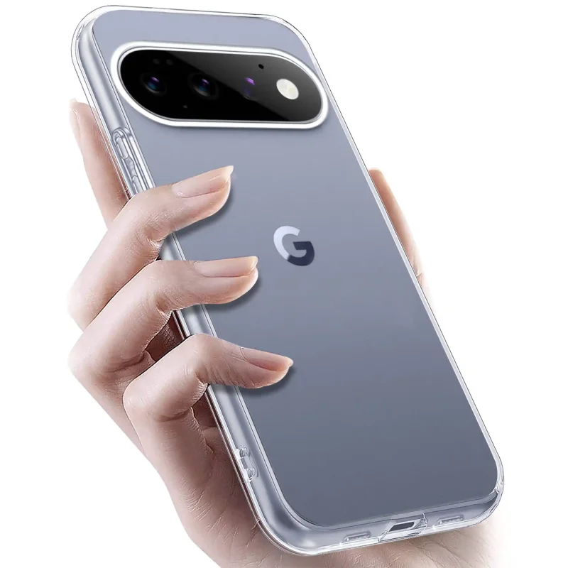 Google Pixel 11 Pro w bezbarwnym etui 2 mm trzymany w dłoni
