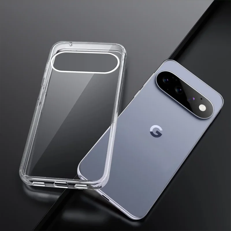 Bezbarwne etui do Google Pixel 11 Pro pokazane obok telefonu widok tylnej części