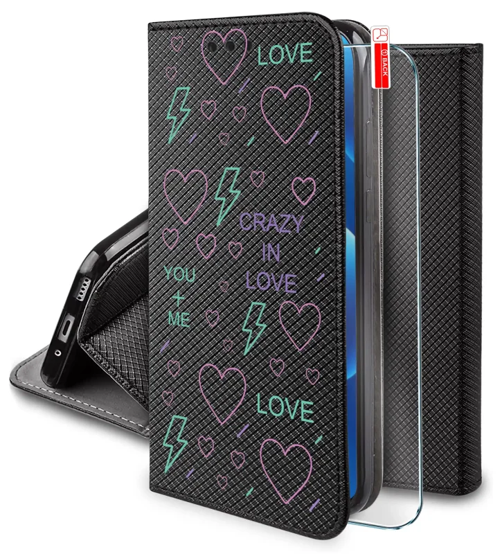 Etui z klapką do Google Pixel 11 z walentynkowym wzorem serc i napisów LOVE, funkcją stojaka oraz szkłem hartowanym 9H