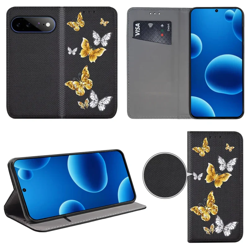Etui książkowe do Google Pixel 11 z kolorowym wzorem, widok przodu i tyłu, kieszonka na kartę oraz funkcja podstawki