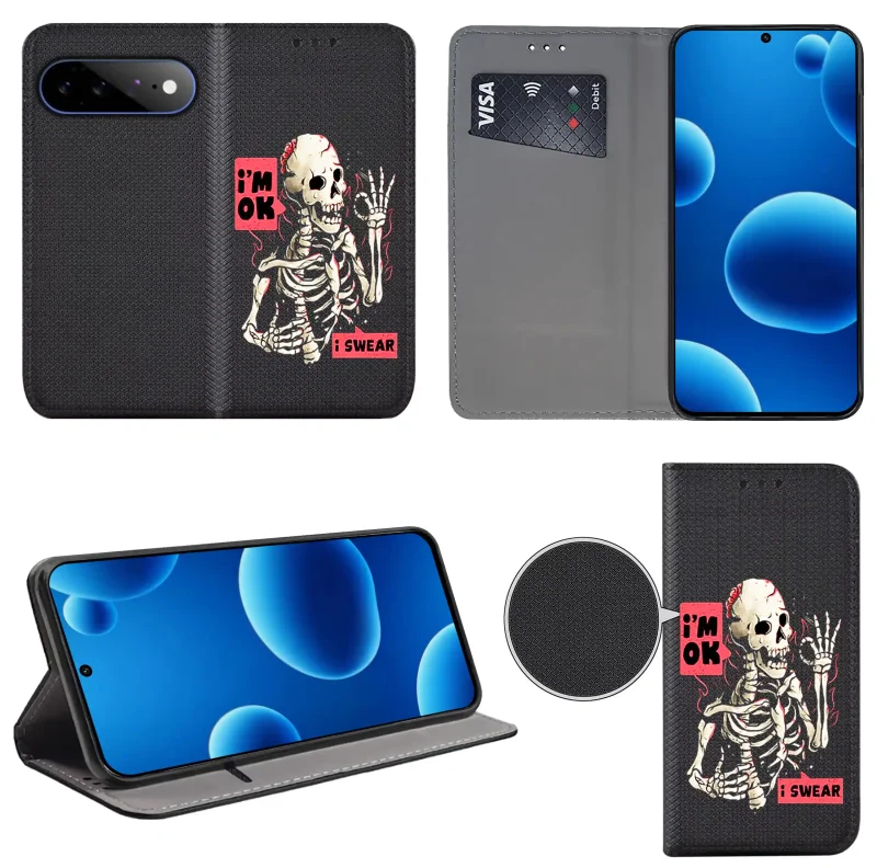 Etui książkowe do Google Pixel 11 Pro XL z nadrukiem szkieletu, widok przodu i tyłu, kieszonka na kartę oraz funkcja podstawki