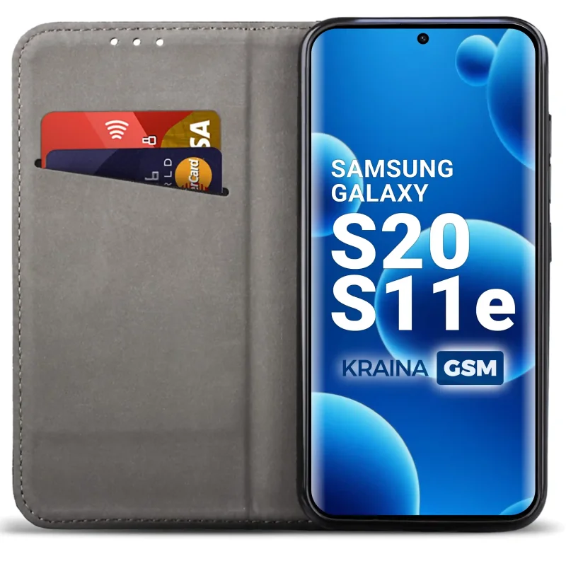 Czarne etui portfelowe do Samsung Galaxy S20 / S11e  z miejscem na karty, ukrytym magnesem i funkcją stojaka do codziennego użytkowania