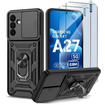 Etui do Samsung Galaxy A27 5G pancerne ring z osłoną na aparat czarne z zestawem dwóch szkieł