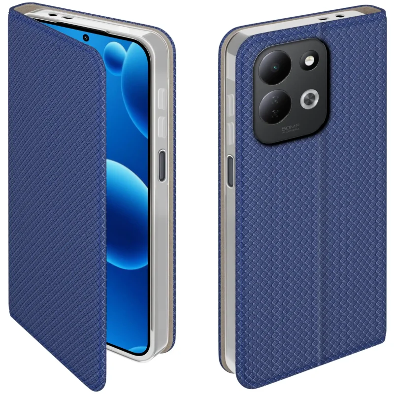 Granatowe etui z klapką do Xiaomi Redmi 17 4G / 5G pokazane z przodu i z tyłu