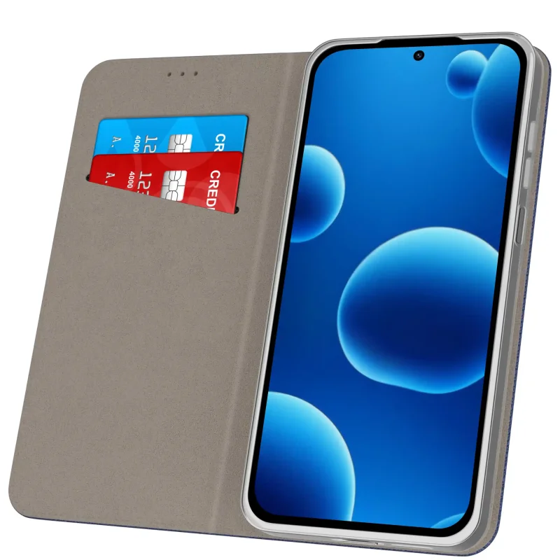 Granatowe etui z klapką do Xiaomi Redmi 17 4G / 5G z wewnętrzną kieszonką na karty