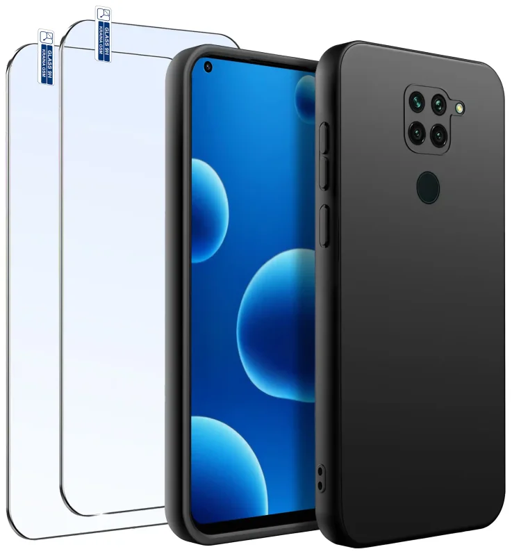 Czarne matowe etui do Xiaomi Redmi Note 9 z dwoma szkłami hartowanymi 9H widok przodu i tyłu telefonu