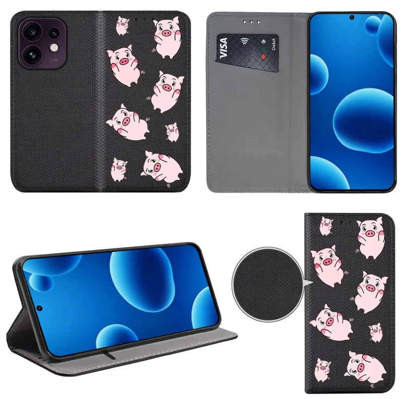 Etui książkowe do Oppo Reno 16 5G z nadrukiem świnek, widok przodu i tyłu, kieszonka na kartę oraz funkcja podstawki