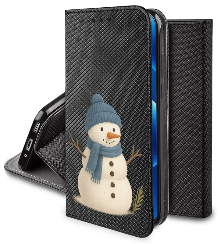 Etui z klapką do Xiaomi Redmi 17 4G 5G z zimowym wzorem bałwana na czarnym tle, kieszonką i funkcją stojaka