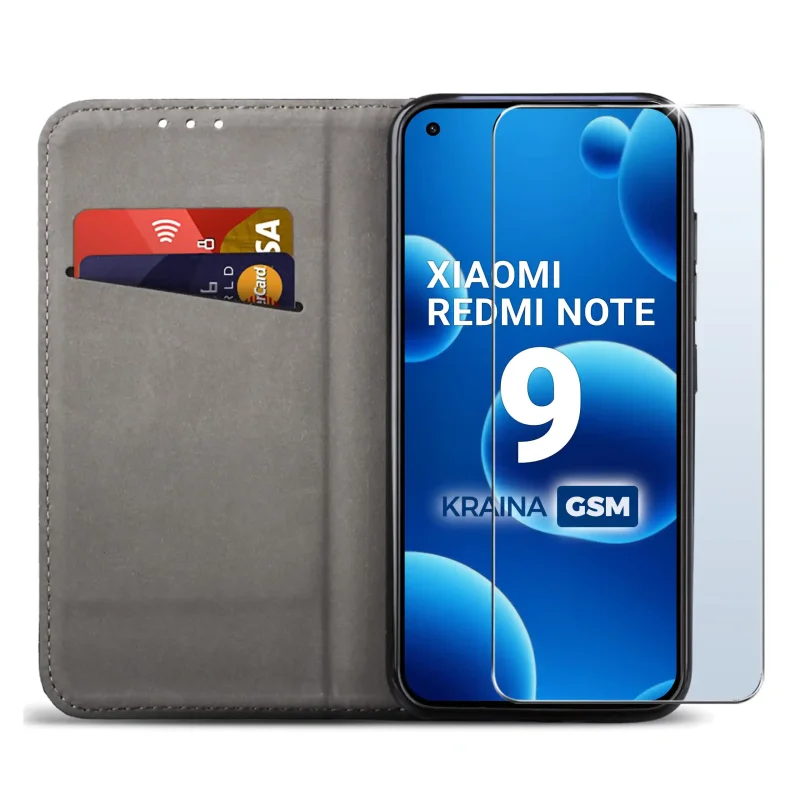 Czarne etui portfelowe do Xiaomi Redmi Note 9 z miejscem na karty, ukrytym magnesem i funkcją stojaka do codziennego użytkowania