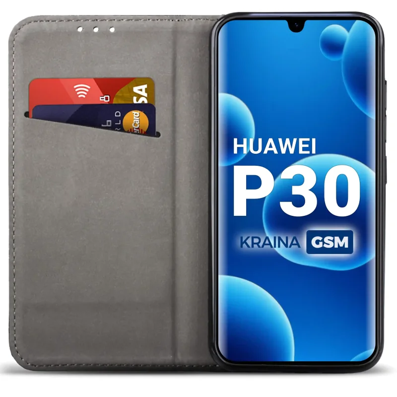 Czarne etui portfelowe do Huawei P30 z miejscem na karty, ukrytym magnesem i funkcją stojaka do codziennego użytkowania