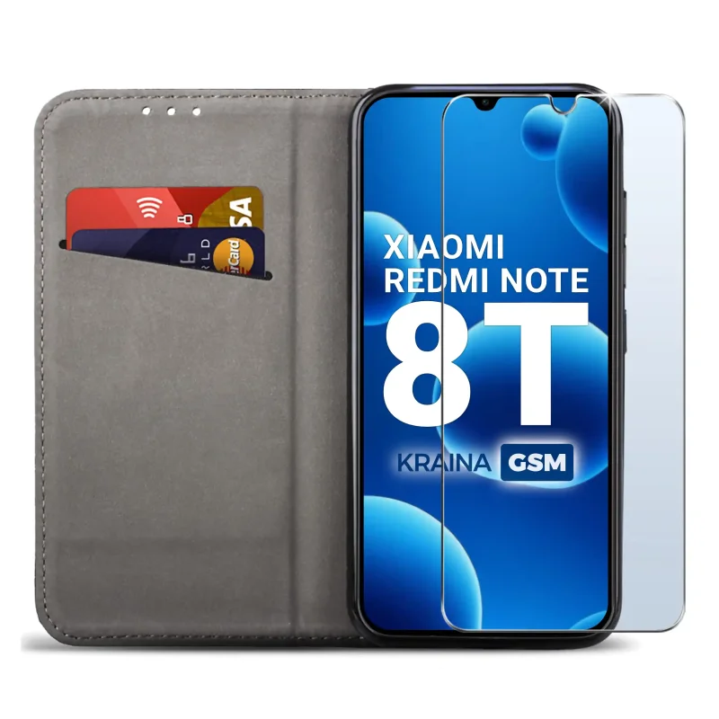 Czarne etui portfelowe do Xiaomi Redmi Note 8T z miejscem na karty, ukrytym magnesem i funkcją stojaka do codziennego użytkowania