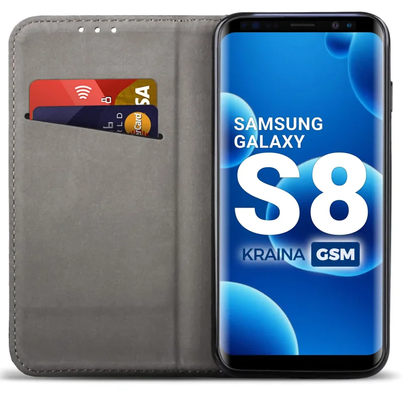 Czarne etui portfelowe do Samsung Galaxy S8 z miejscem na karty, ukrytym magnesem i funkcją stojaka do codziennego użytkowania