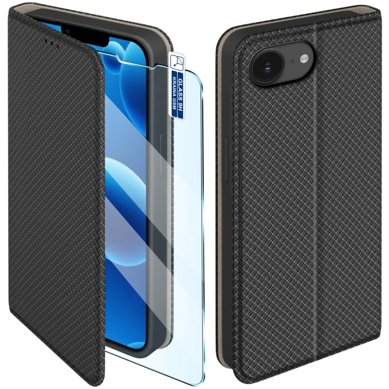 Etui z klapką do iPhone 16e | 17e w czarnym kolorze z magnetycznym zamknięciem, antypoślizgową fakturą i elastycznym TPU chroniącym telefon