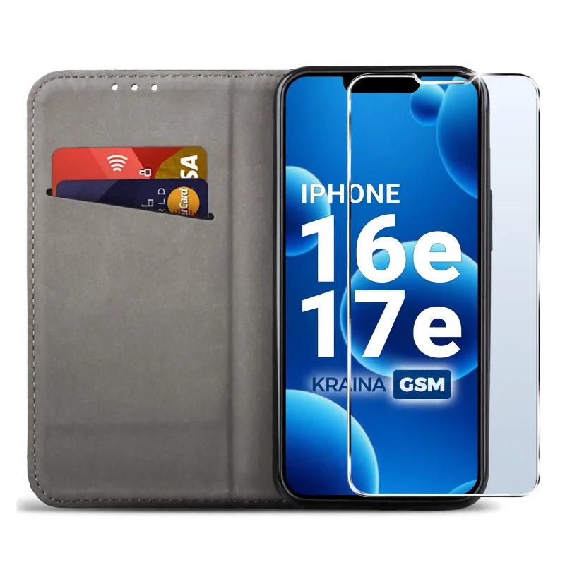 Czarne etui portfelowe do iPhone 16e | 17e z miejscem na karty, ukrytym magnesem i funkcją stojaka do codziennego użytkowania