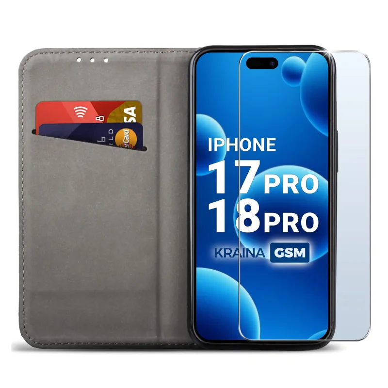 Czarne etui portfelowe do iPhone 17 Pro | 18 Pro z miejscem na karty, ukrytym magnesem i funkcją stojaka do codziennego użytkowania