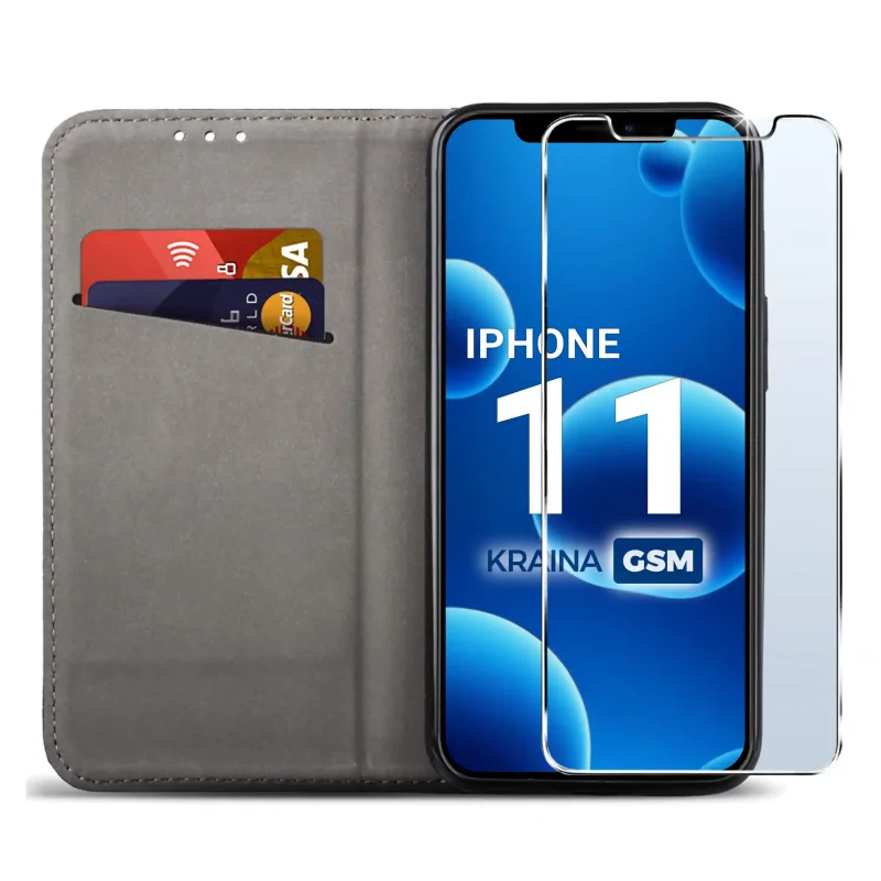 Czarne etui portfelowe do iPhone 11 z miejscem na karty, ukrytym magnesem i funkcją stojaka do codziennego użytkowania