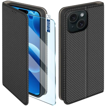 Etui do iPhone 15 czarne zamykane ze szkłem