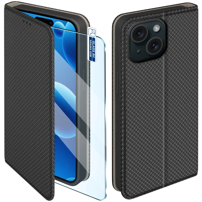 Etui z klapką do iPhone 15 w czarnym kolorze z magnetycznym zamknięciem, antypoślizgową fakturą i elastycznym TPU chroniącym telefon