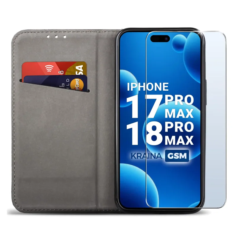 Czarne etui portfelowe do iPhone 17 Pro Max | 18 Pro Max z miejscem na karty, ukrytym magnesem i funkcją stojaka do codziennego użytkowania