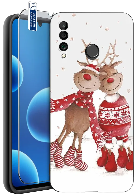 Etui świąteczne do Huawei P30 Lite z wzorem dwóch reniferów w czerwonych strojach oraz szkło hartowane 9H