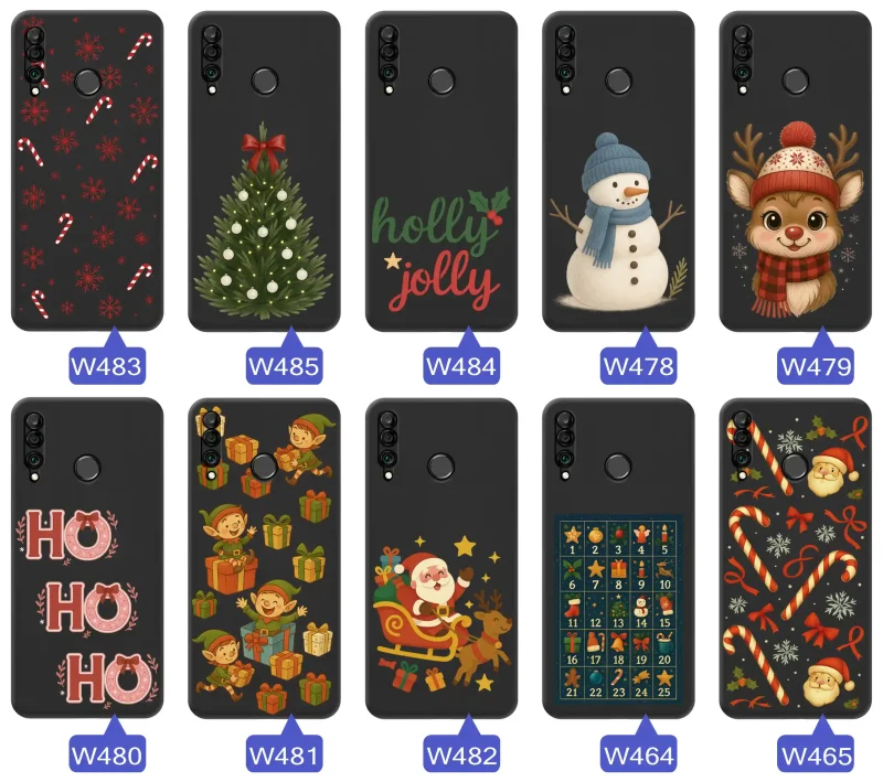 Kolekcja wzorów świątecznych i zimowych na Huawei P30 Lite: renifery, bałwany, choinki, Mikołaje, świąteczne napisy