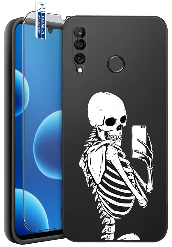Etui Halloween do Huawei P30 Lite z czarnym nadrukiem szkieletu robiącego selfie oraz szkłem hartowanym 9H