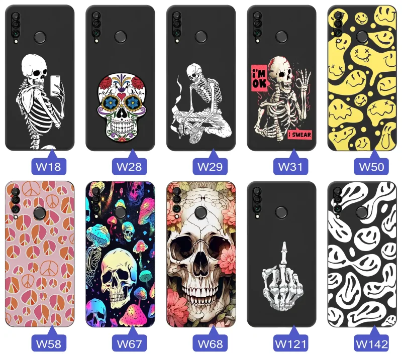 Kolekcja różnych wzorów etui Halloween do Huawei P30 Lite z motywami czaszek, szkieletów, uśmiechów i grafik w stylu dark