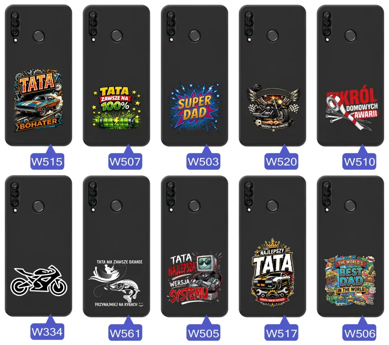 Kolekcja etui dla Taty do Huawei P30 Lite z motywami samochodów, motocykli, narzędzi i wędkarstwa oraz napisami Super Tata, Best Dad i Król Domowych Awarii