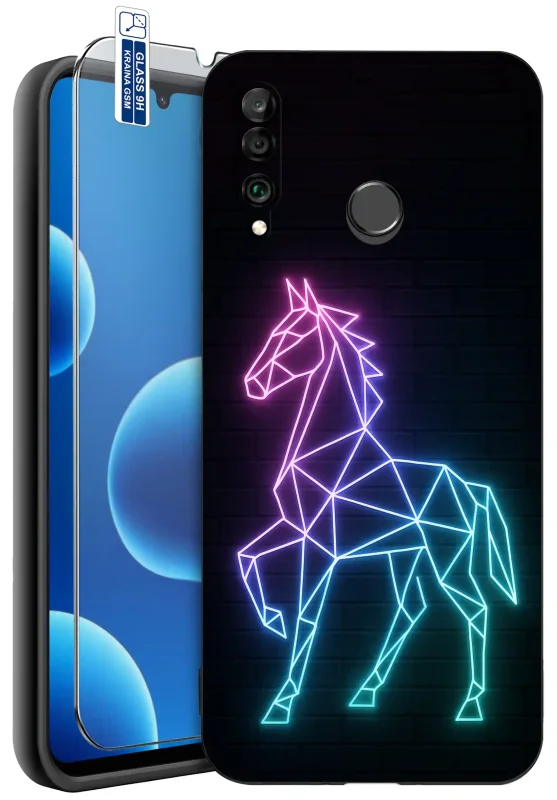 Etui z koniem do Huawei P30 Lite z neonową geometryczną grafiką konia oraz szkłem hartowanym 9H w zestawie