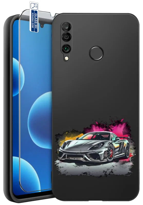 Etui z autem do Huawei P30 Lite z nadrukiem sportowego samochodu na czarnym etui i szkłem hartowanym 9H w zestawie