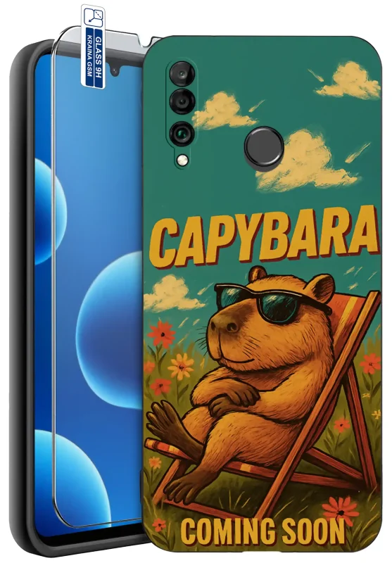 Etui z kapibarą do Huawei P30 Lite z kolorowym nadrukiem przedstawiającym kapibarę w okularach odpoczywającą na leżaku, ze szkłem hartowanym 9H w zestawie