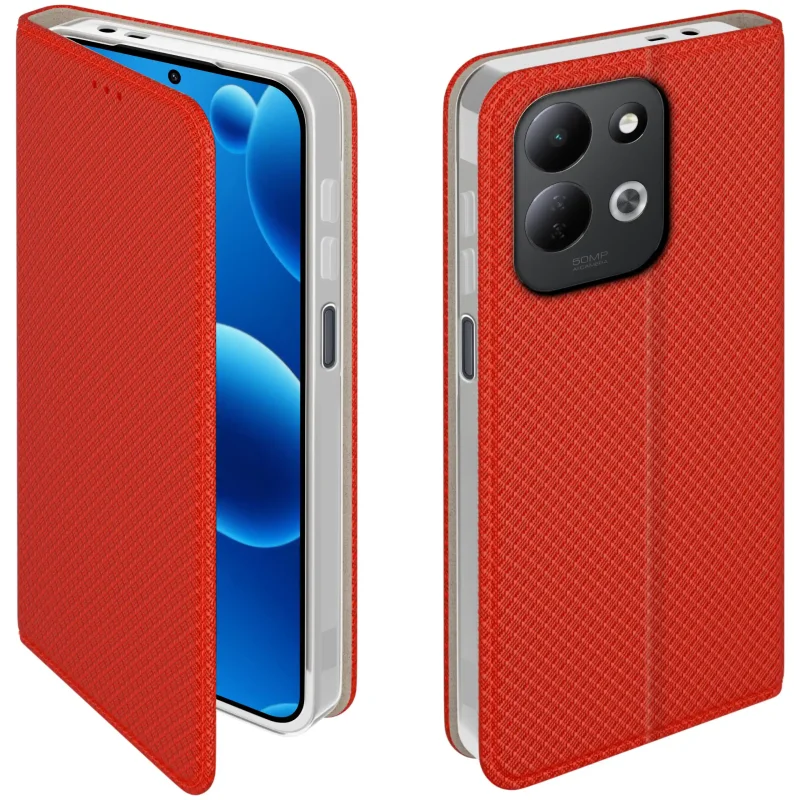 Czerwone etui z klapką do Xiaomi Redmi 17 4G / 5G pokazane z przodu i z tyłu