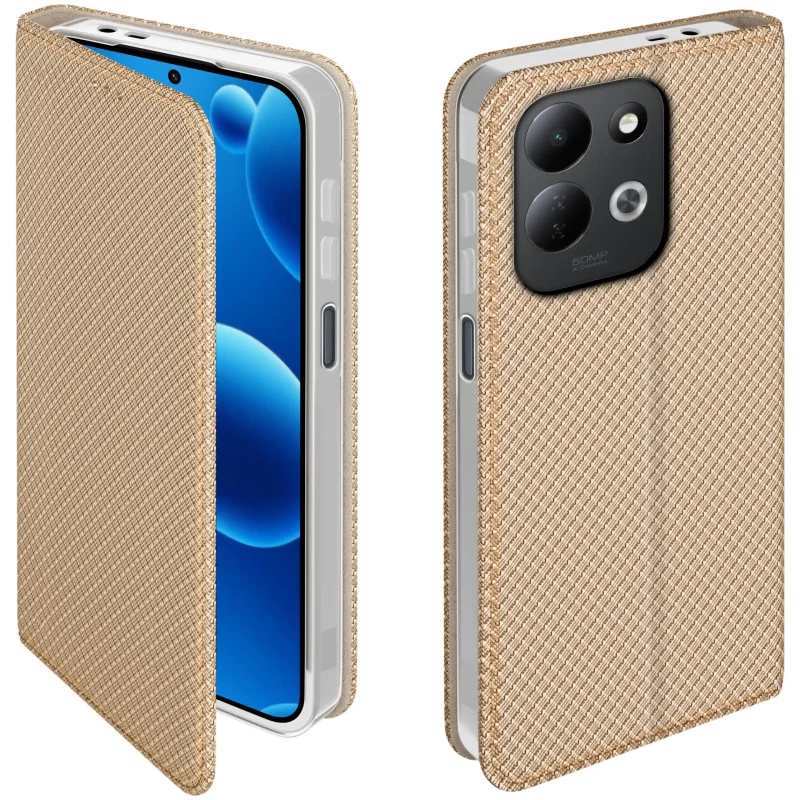 Złote etui z klapką do Xiaomi Redmi 17 4G / 5G pokazane z przodu i z tyłu