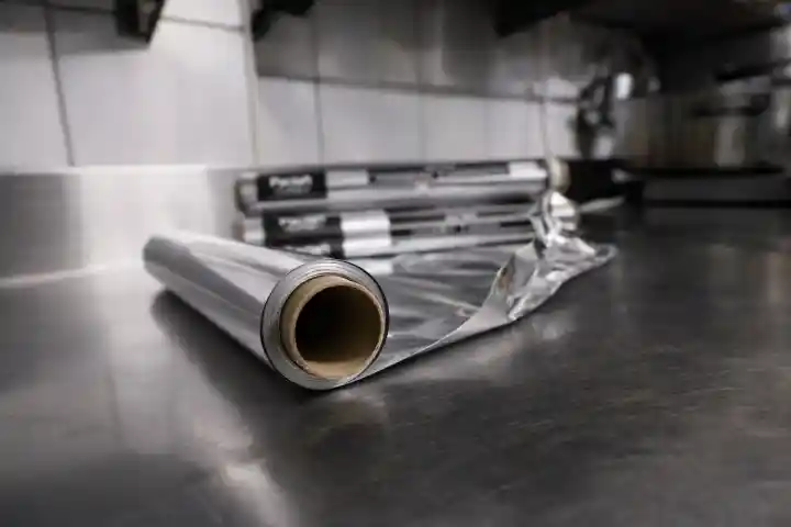 Folia aluminiowa Paclan Expert Catering rozwinięta na blacie kuchennym