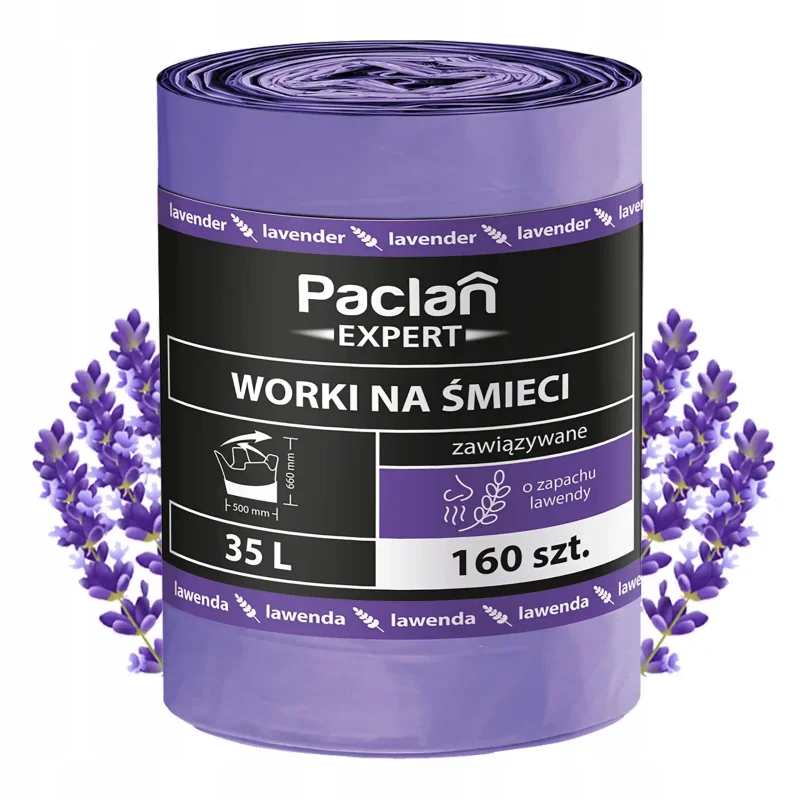Worki na śmieci Paclan Expert 35 L 160 sztuk o lawendowym zapachu w fioletowej rolce