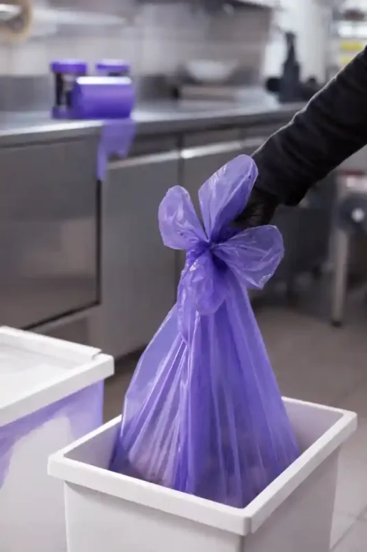 Fioletowy worek na śmieci Paclan Expert 35 L związany uszami