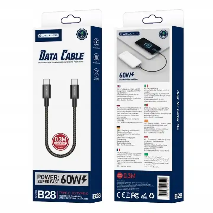 Kabel Jellico B28 USB-C - USB-C 60 W Power Delivery 0,3 m pokazany z przodu i z tyłu opakowania