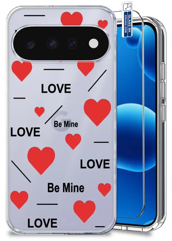 Przezroczyste etui walentynkowe do Google Pixel 11 Pro z czerwonymi sercami i napisami LOVE oraz szkłem hartowanym 9H